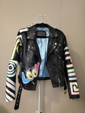 Hand-Painted Graffiti Style Glittery Faux Leather Motorcycle Jacket